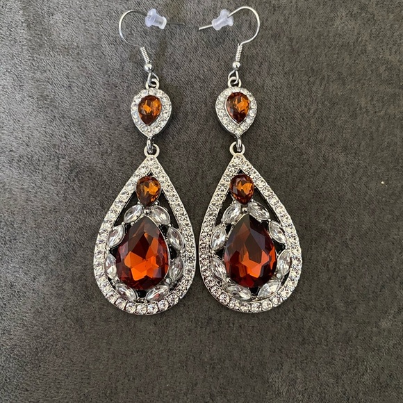 Rhinestone Encrusted Faux Smoky Quartz Teardrop Statement Fishhook Earrings - Picture 2 of 3